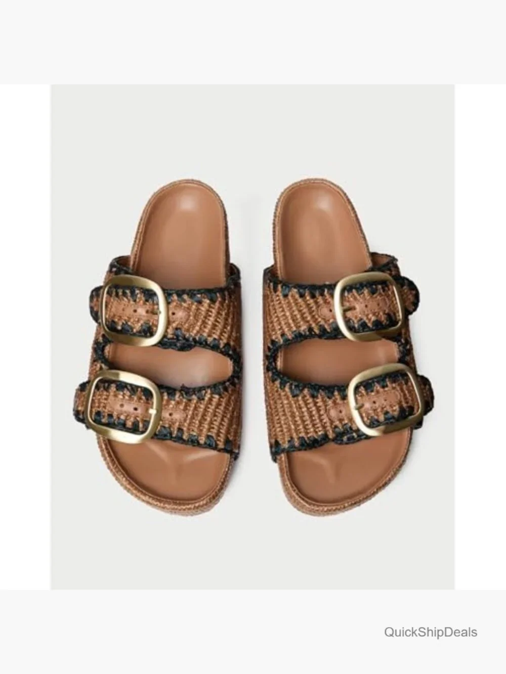 Woven Double-Buckle Espadrille Slide in Brown and Black Trim